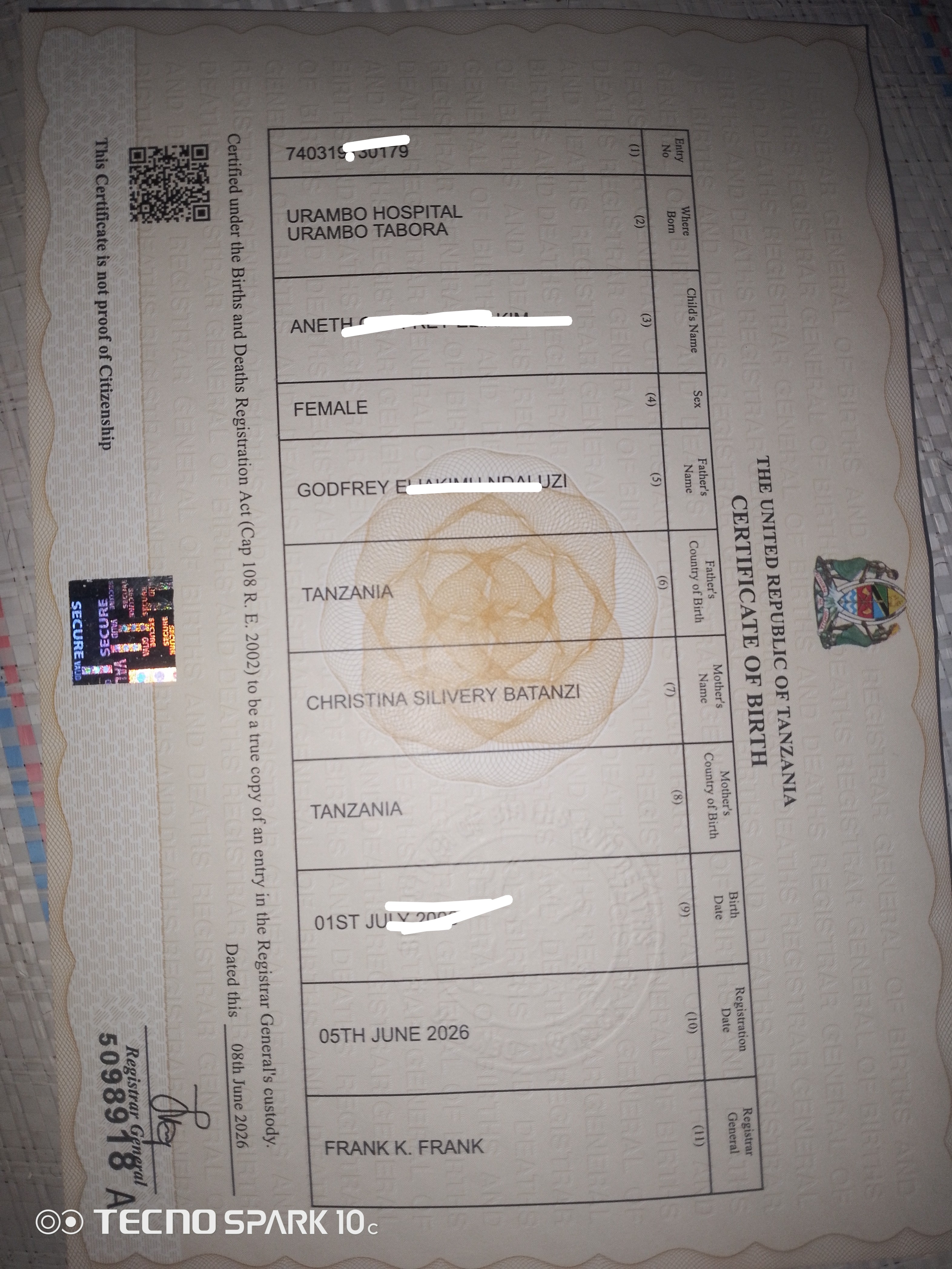 Processed certificate